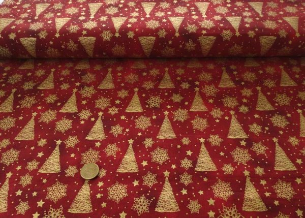 Golden Trees christmas fabric red