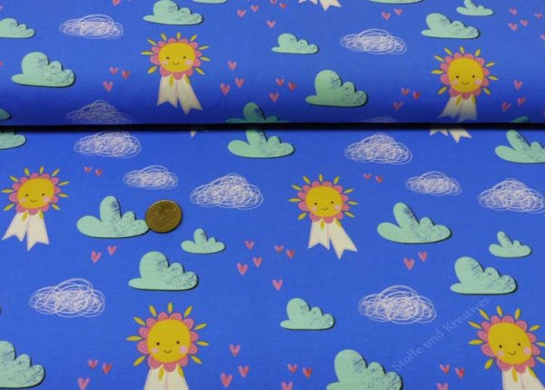 Happy Sky  blue jersey Hilco fabric for kids with suns and clouds by Miri D.