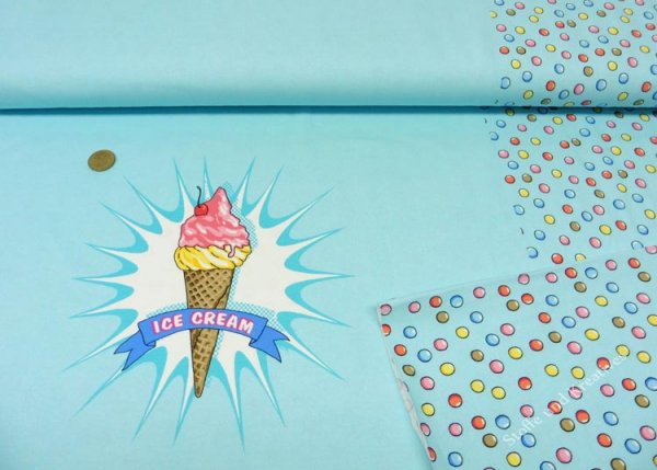 Ice Cream Panel türkis Hilco Kinderstoff mit Eistüte und bunten Kreisen auf Baumwoll-Jersey