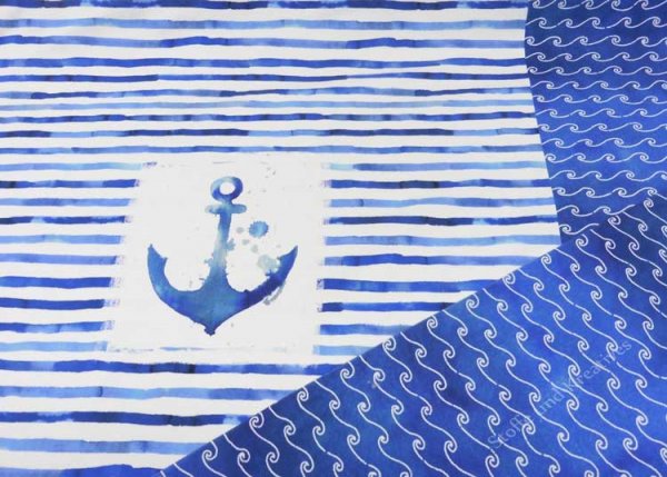 Neptunus Panel weiß blau Hilco Kinderstoff mit Anker, Streifen und Wellen auf Baumwoll-Jersey