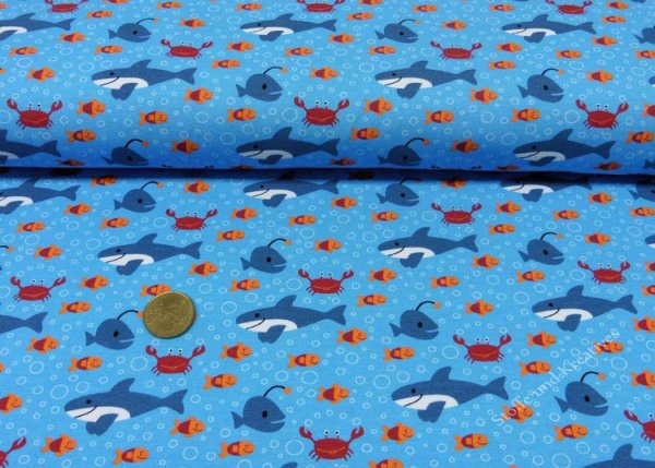 Pirato Fish blue jersey Hilco fabric for kids with small fishes by JaTiJu