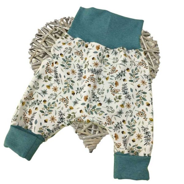 Baby Pumphose Handmade Design Flowers ecru, Bündchen petrol