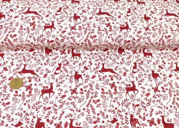 Reh im Wald christmas fabric white dark red cotton poplin print