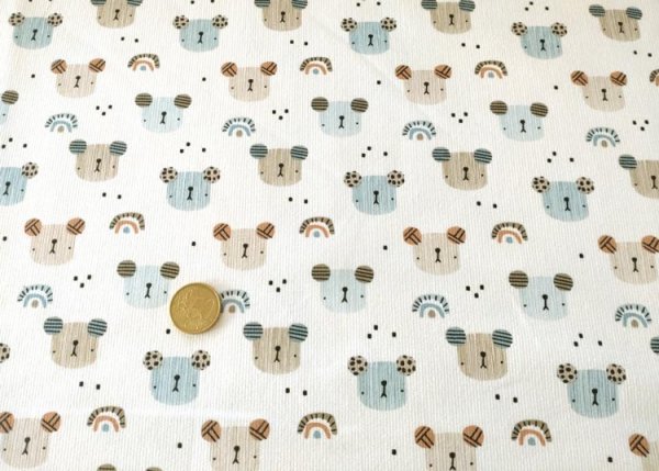 Rici Bear ecru dusty blue Hilco fine corduroy, baby corduroy with bears