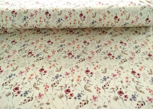 Rippjersey Lia, fabric with flowers ecru bordeaux, Ribjersey