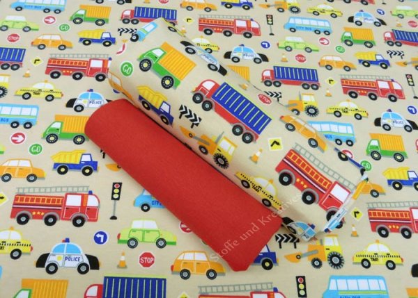Stoffpaket City Cars Jersey beige für Jungs, Baumwolljersey plus passendes Bündchen in rot Kinderstoff als Stoffset