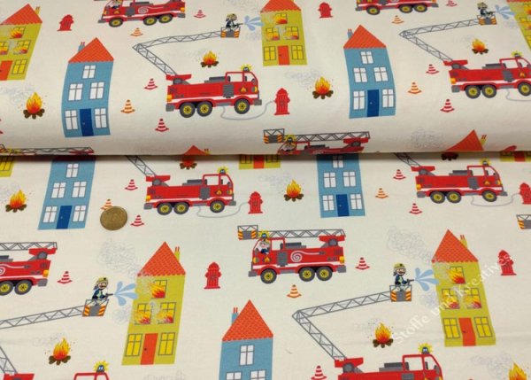 Feuerwehr Tatütata ecru fabric for children by Swafing french terry fire department