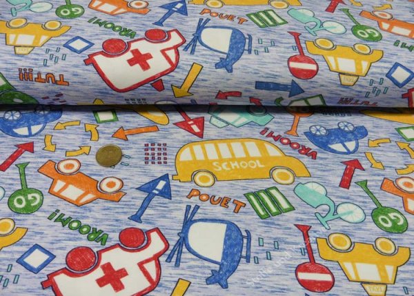 Trafic Line Vehicles jersey blue mottled Hilco fabric for kids