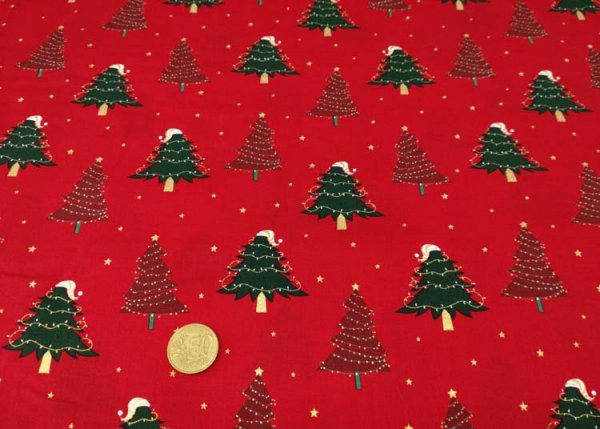 Weihnachtsbäume christmas fabric red with christmas trees