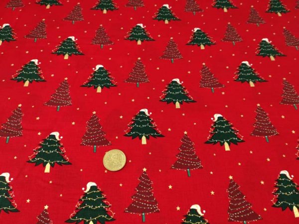 Weihnachtsbäume christmas fabric red with christmas trees