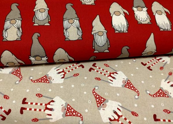 Wichtel christmas fabric with pixies half panama linen look cotton fabric red or ecru