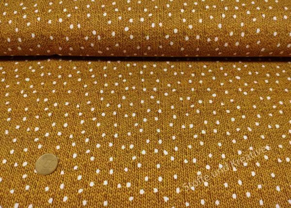 Wood Knit mustard Hilco Sweatshirtstoff in Strickoptik mit Punkten Kinderstoff Meterware als French Terry
